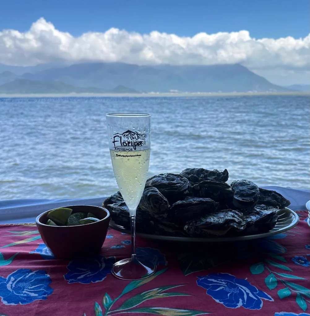 Ostras e espumante com vista para a baía no Ostra Xperience